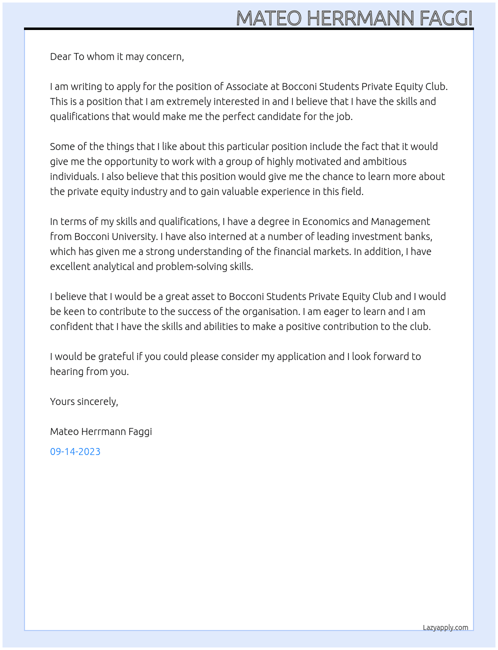 Associate At Bocconi Students Private Equity Club Cover Letter