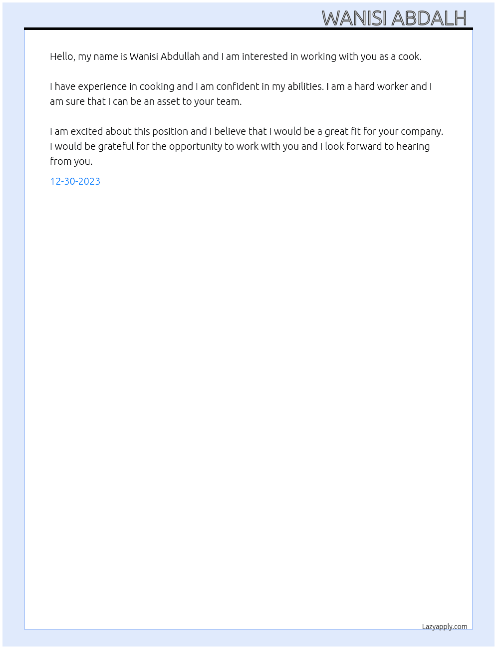 طباخ  At Aramak Cover Letter
