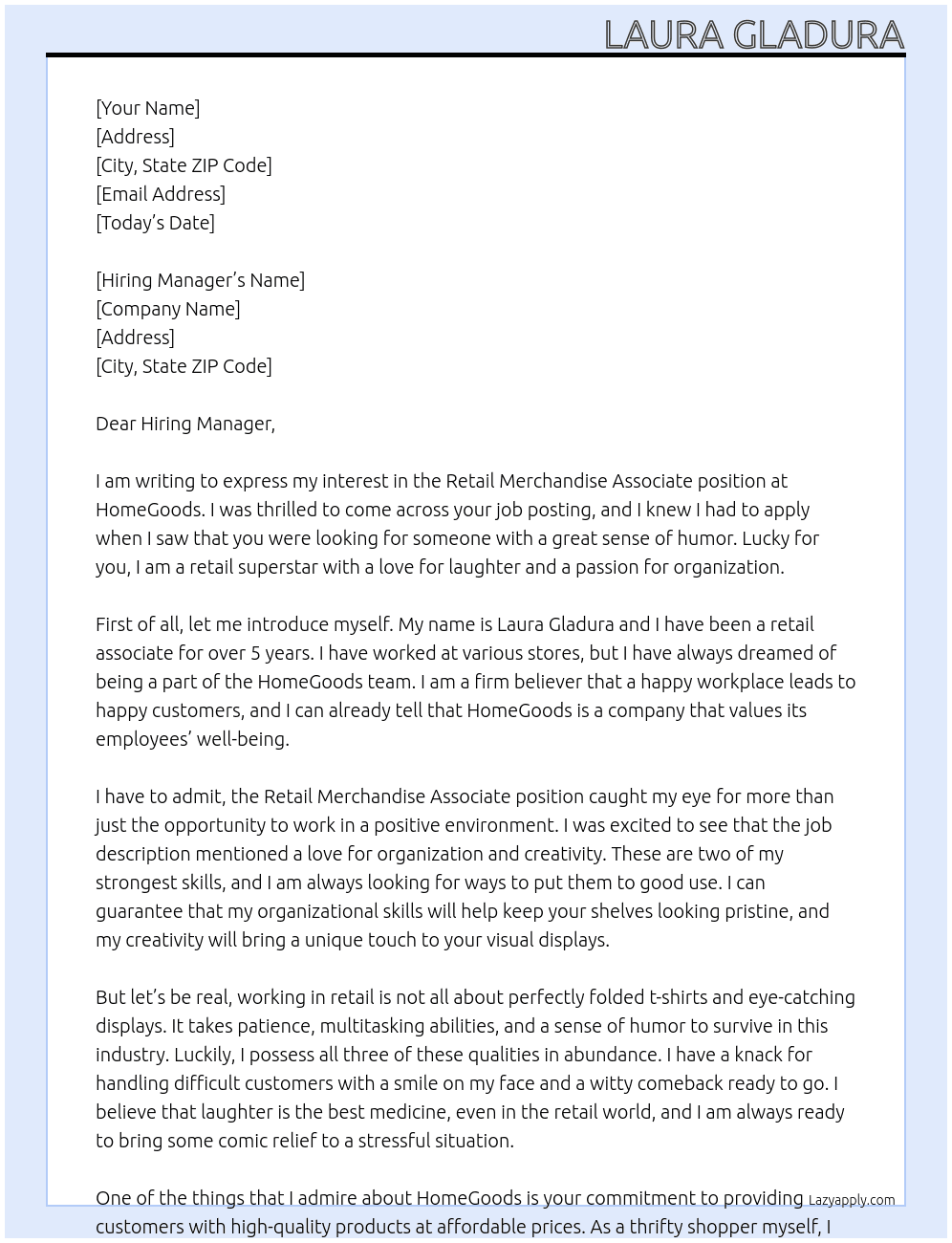Retail Merchandise Associate At HomeGoods Cover Letter