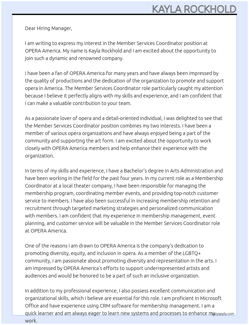 Member Services Coordinator At OPERA America Cover Letter