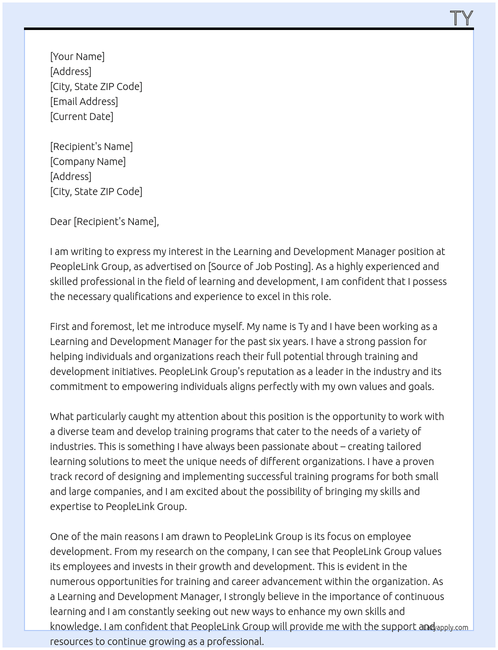 Learning and Development Manager At PeopleLink Group Cover Letter