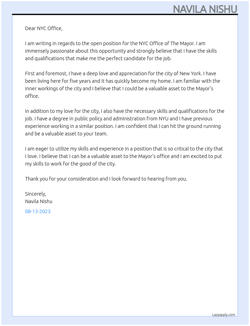 NYC Office of The Mayor At NYC Office  Cover Letter