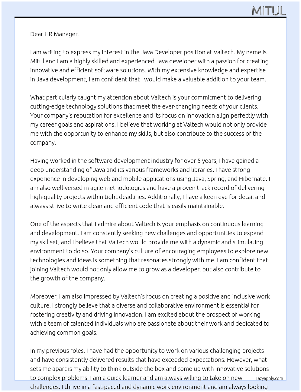 Java developer At Valtech Cover Letter