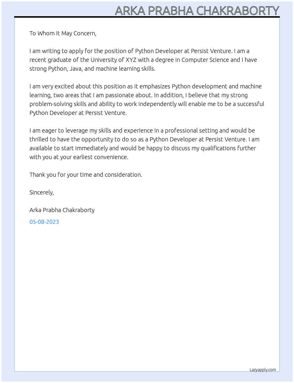 python developer  At persist venture  Cover Letter