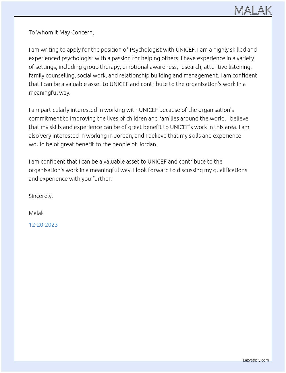 Psychologist  At UNICEF Cover Letter