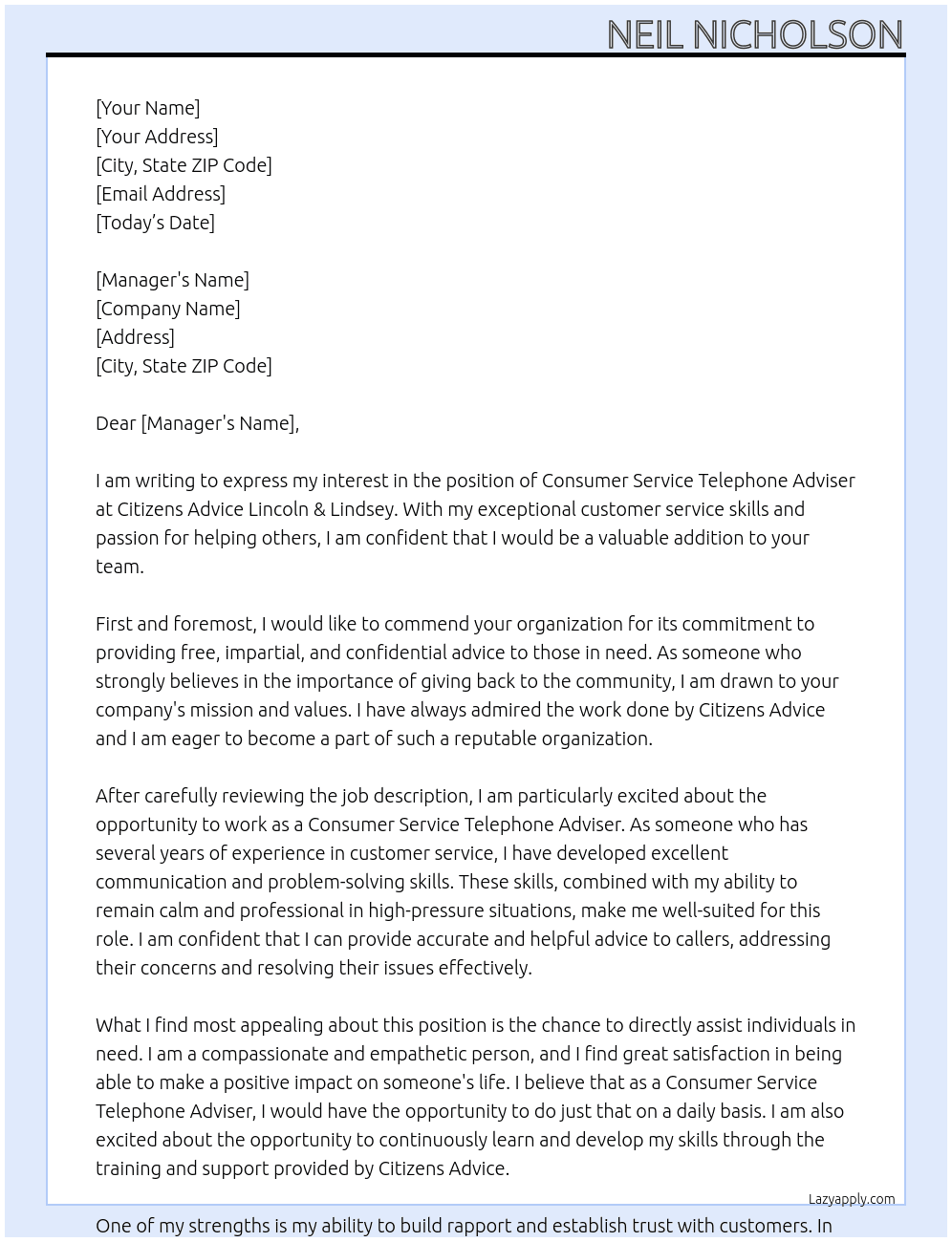 Consumer Service Telephone Adviser (Gainsborough) At Citizens Advice Lincoln & Lindsey Cover Letter