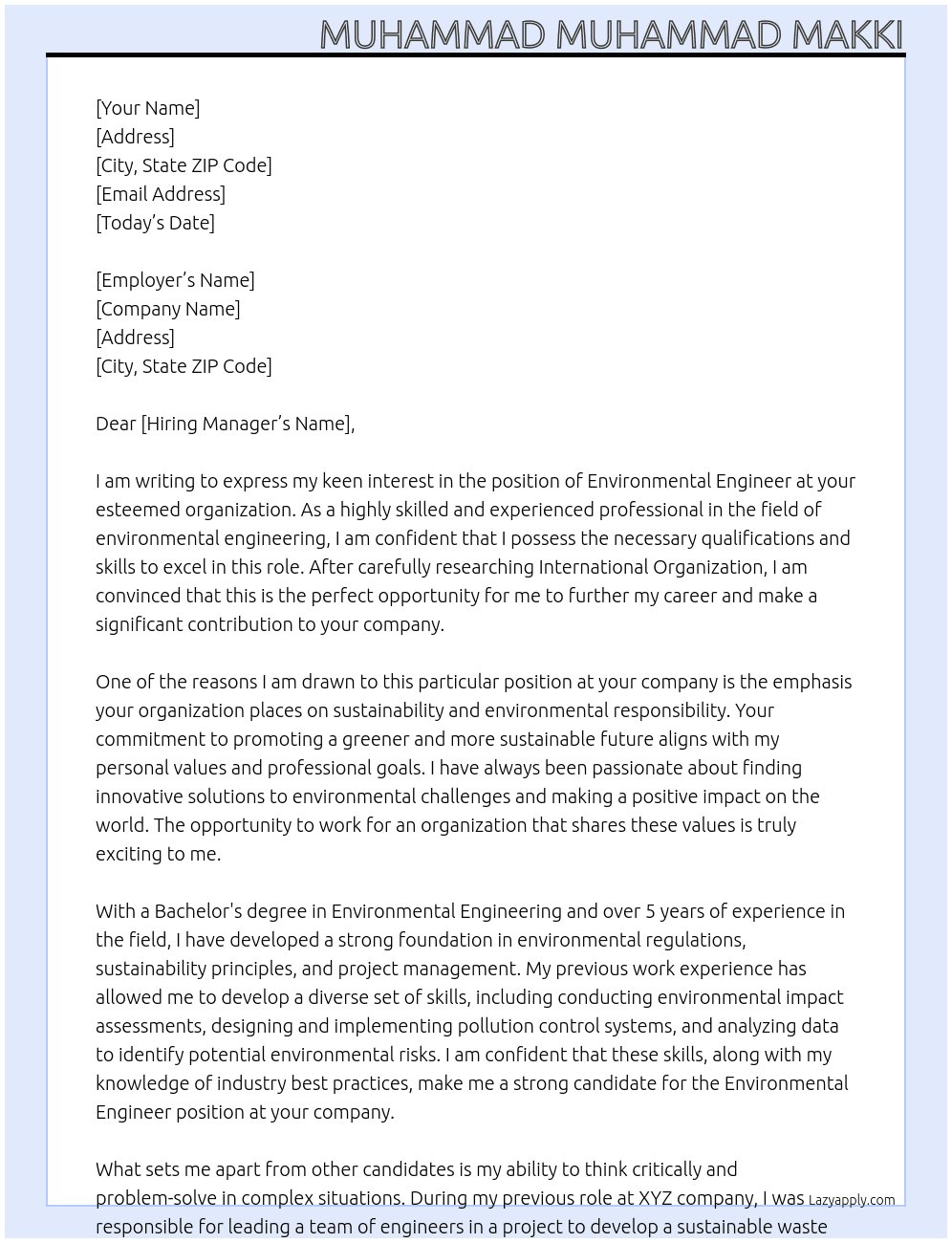 Environmental Engineer At International organisation Cover Letter