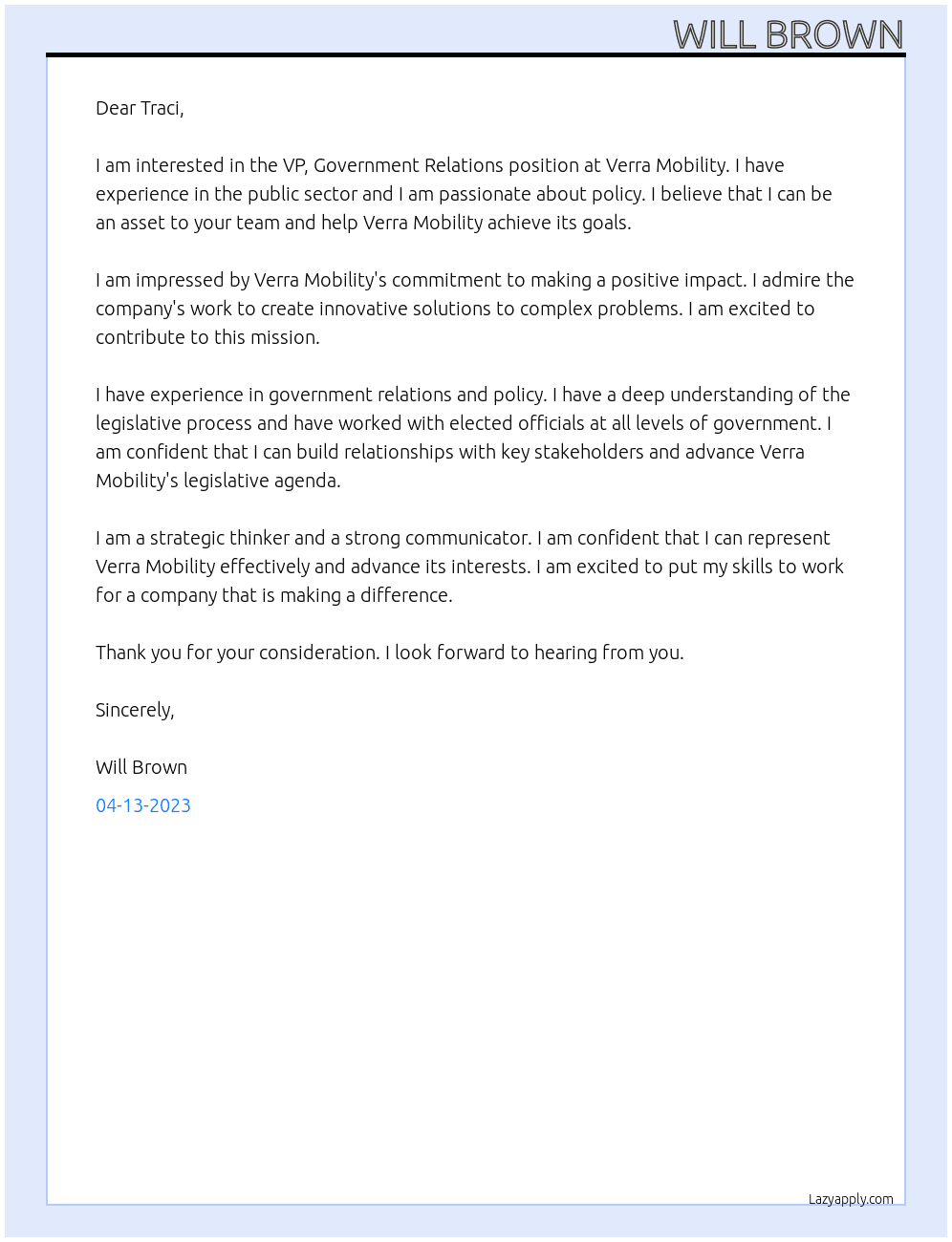 VP, Government Relations At Verra Mobility Cover Letter