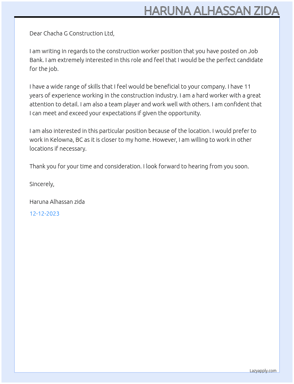 Construction worker At Job Bank #2713094 Cover Letter