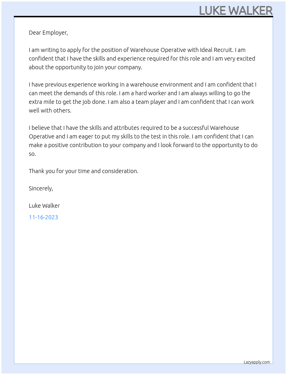 Warehouse Operative  At Ideal Recruit  Cover Letter