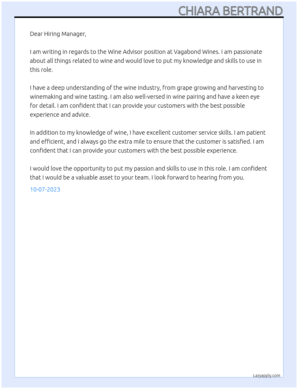 Wine Advisor At Vagabond Wines Cover Letter