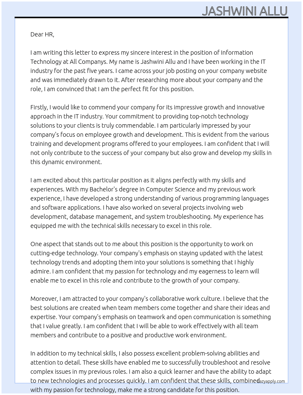 information technology At all companys Cover Letter