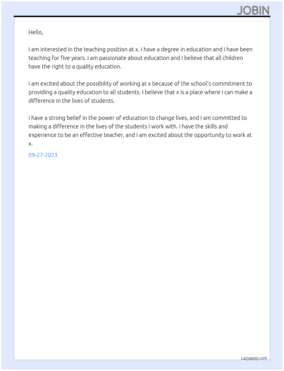 Teaching position At x Cover Letter