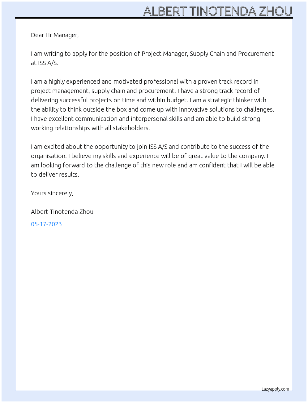 Project Manager, Supply Chain and Procurement At ISS A/S Cover Letter
