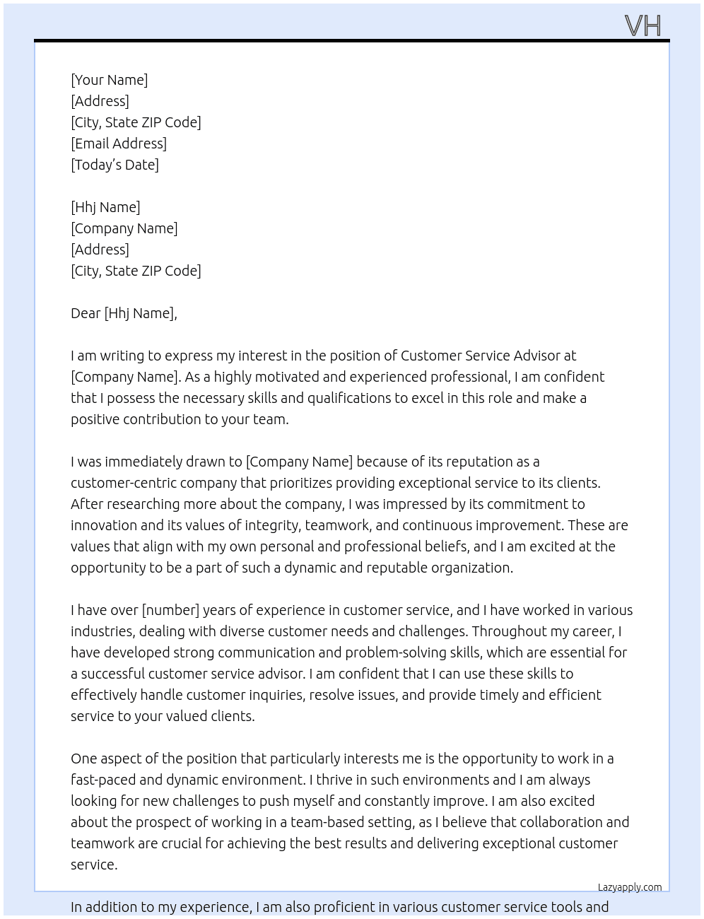 Customer service advisor At Ee Cover Letter