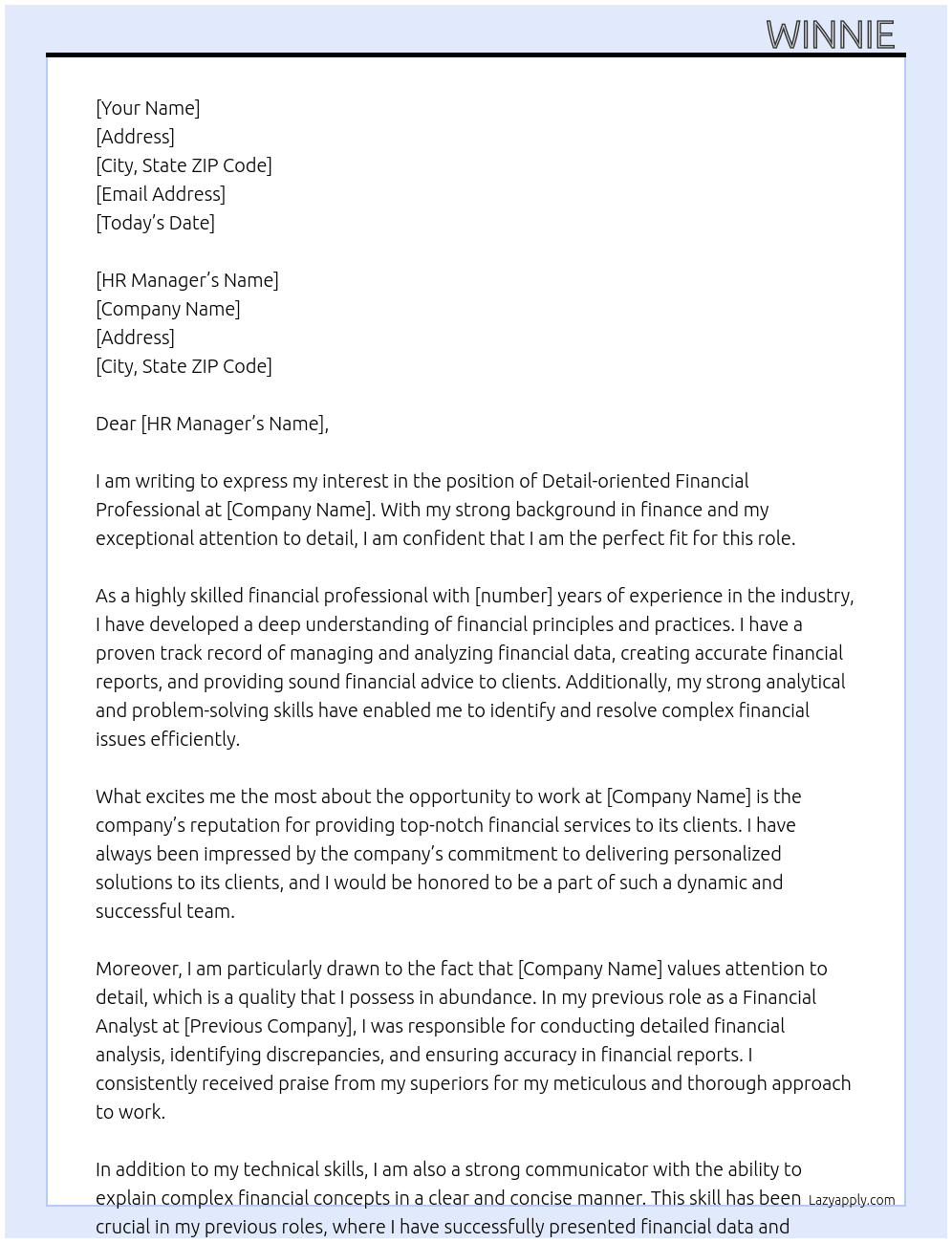Detail-oriented Financial professional  At Financial company  Cover Letter
