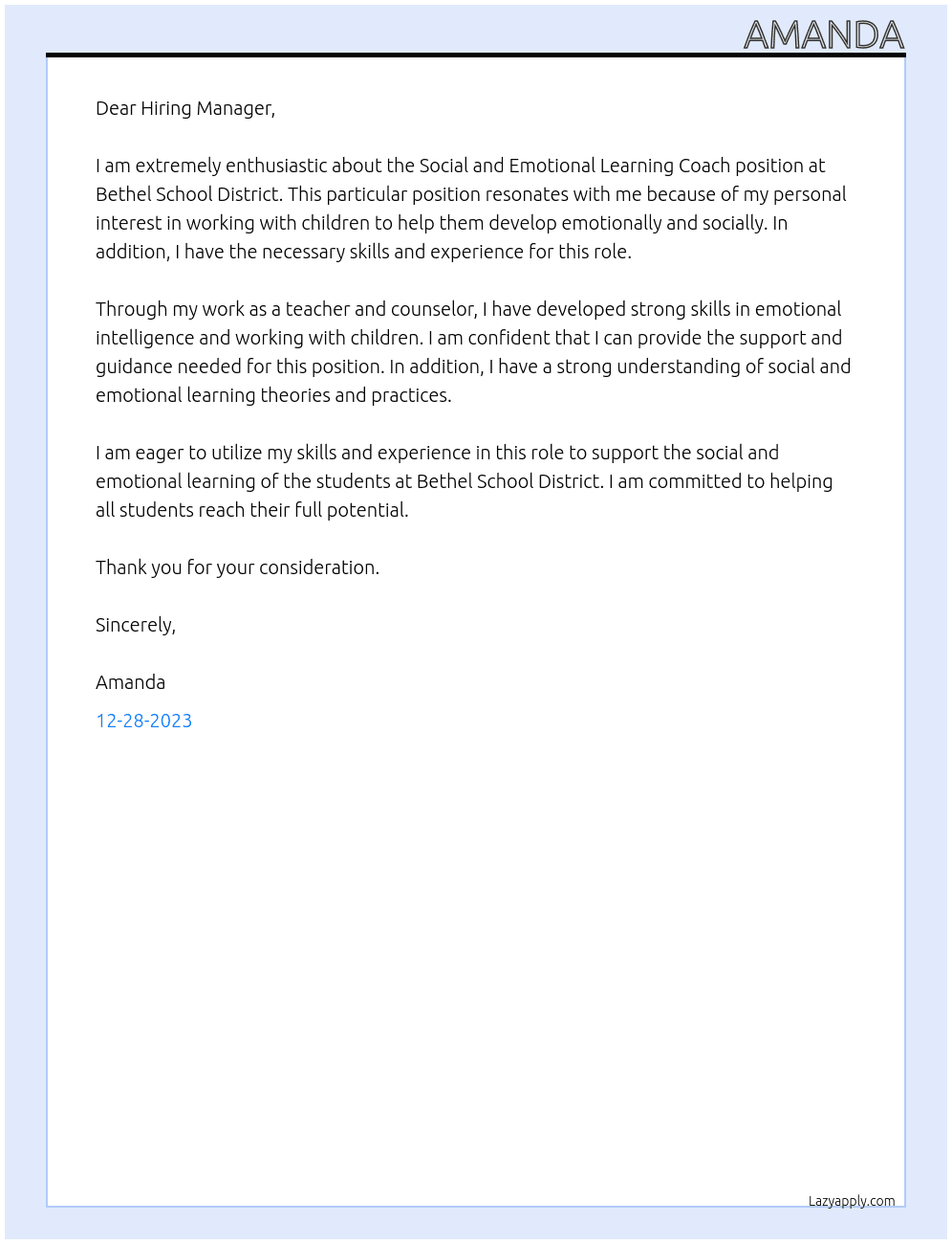 Social and Emotional Learning Coach At Bethel School District Cover Letter