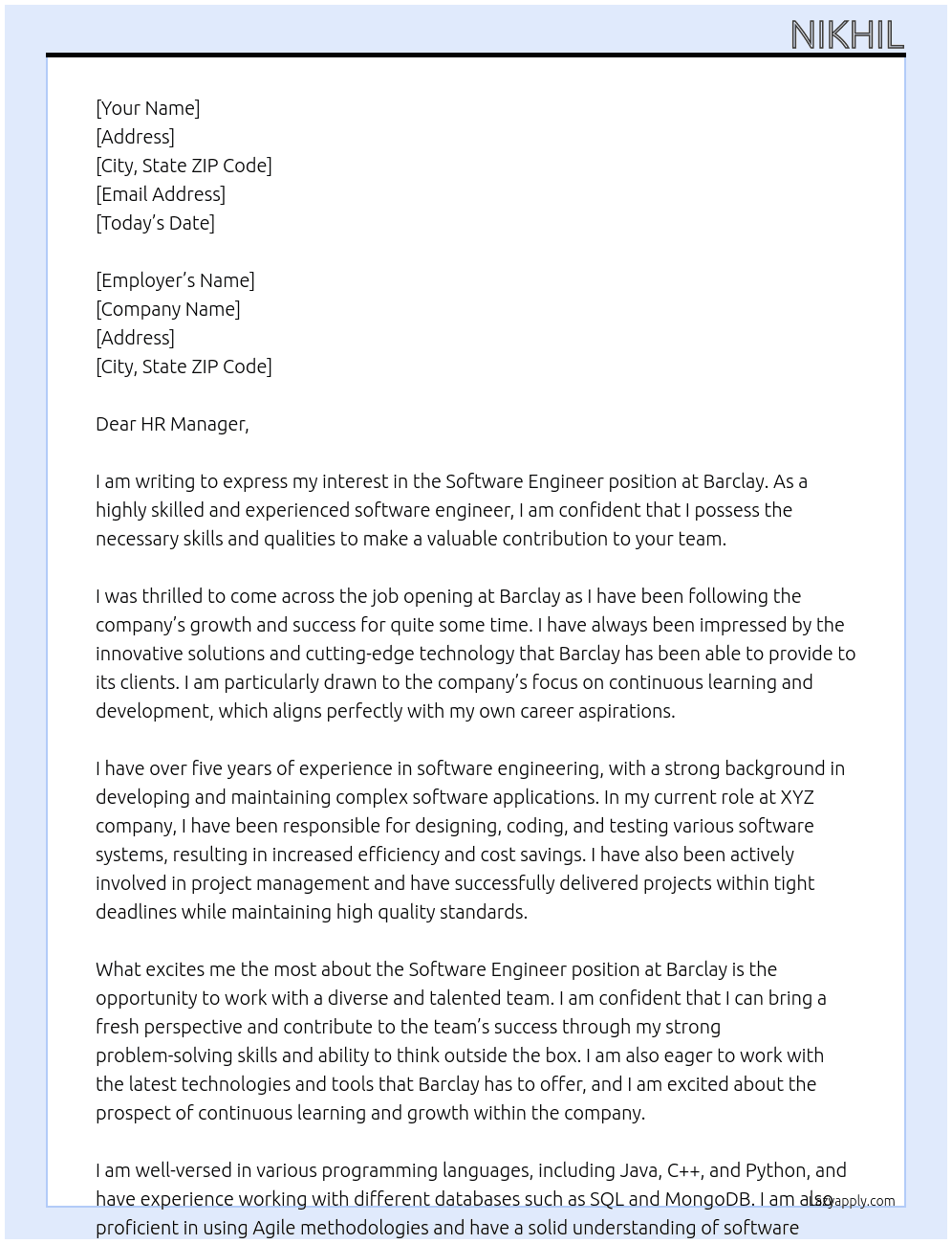 software engineer At barclay Cover Letter