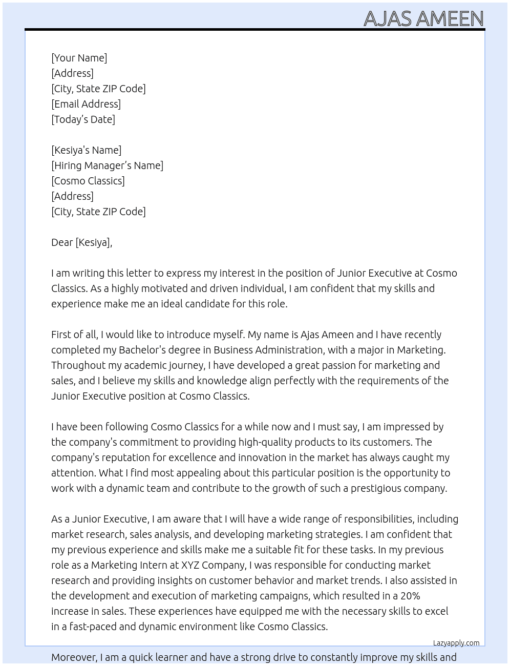 junior executive At cosmo classics Cover Letter