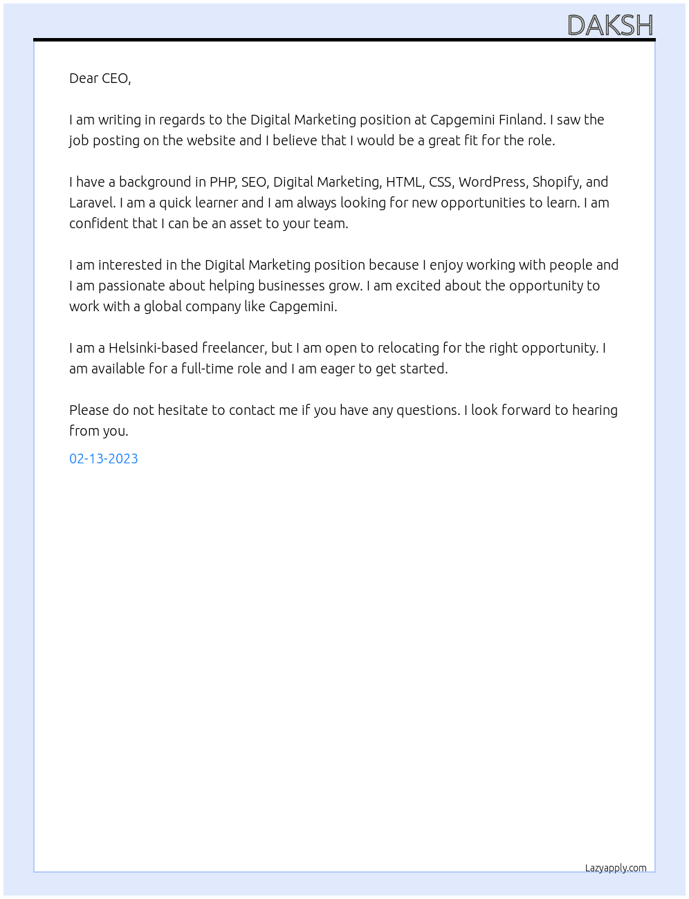 DIGITAL MARKETING At Capgemini Finland Cover Letter