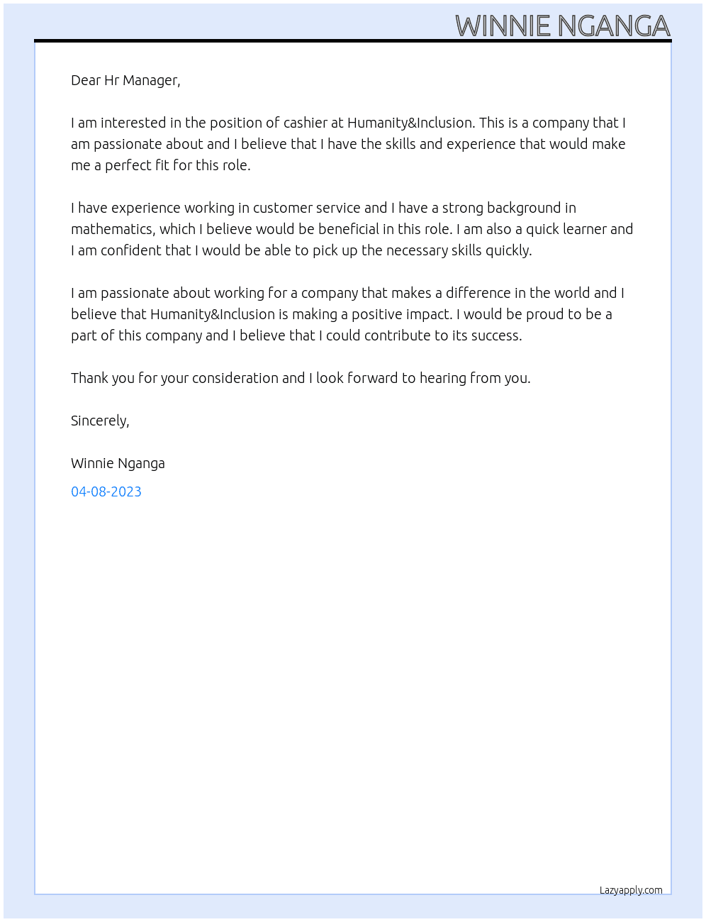 CASHIER At Humanity&Inclusion Cover Letter