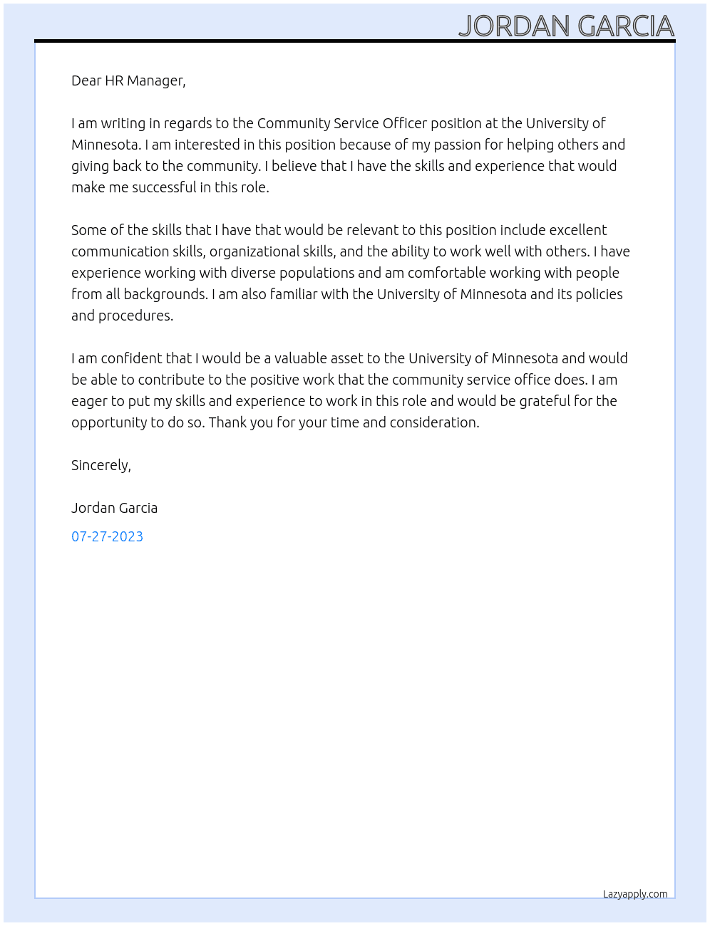 Community Service Officer At University of Minnesota Cover Letter