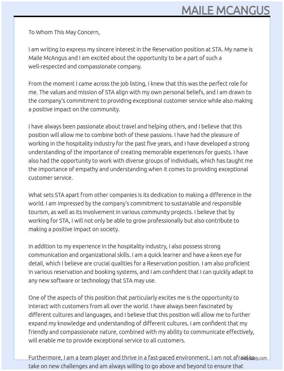 Reservation  At STA Cover Letter