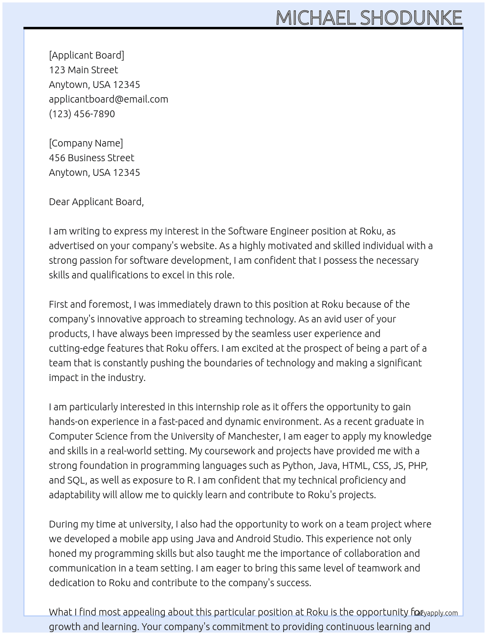 Software Engineer At Roku Cover Letter