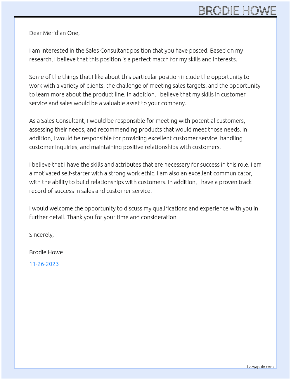 Sales Consultant At Meridian One Cover Letter