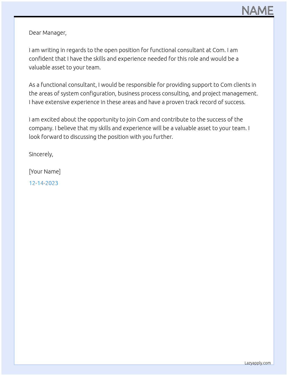 Functional consultant  At Com Cover Letter