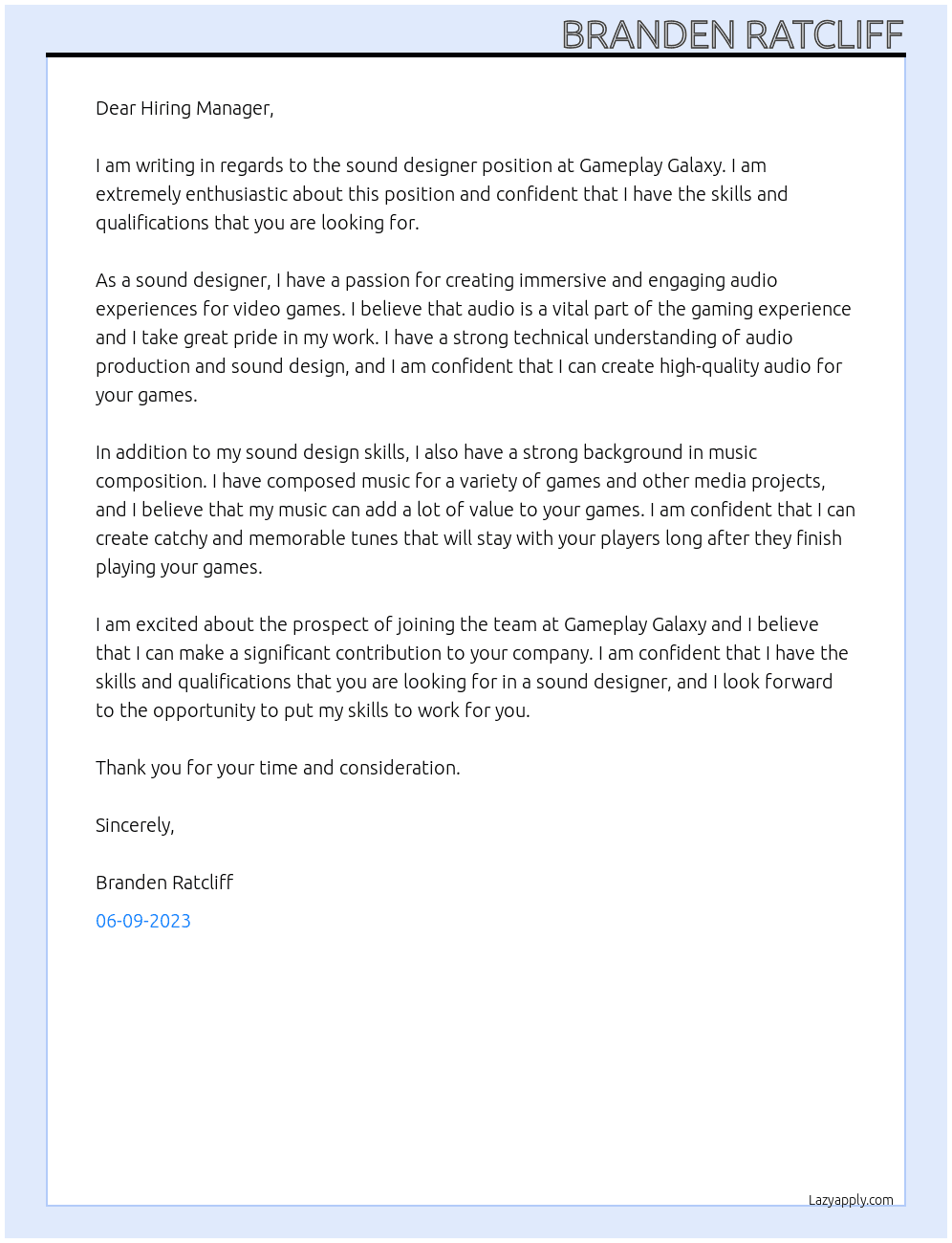 Sound Designer At Gameplay Galaxy Cover Letter