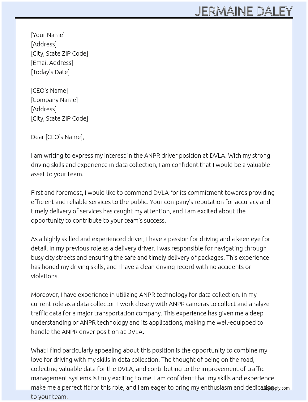 anpr driver At dvla Cover Letter
