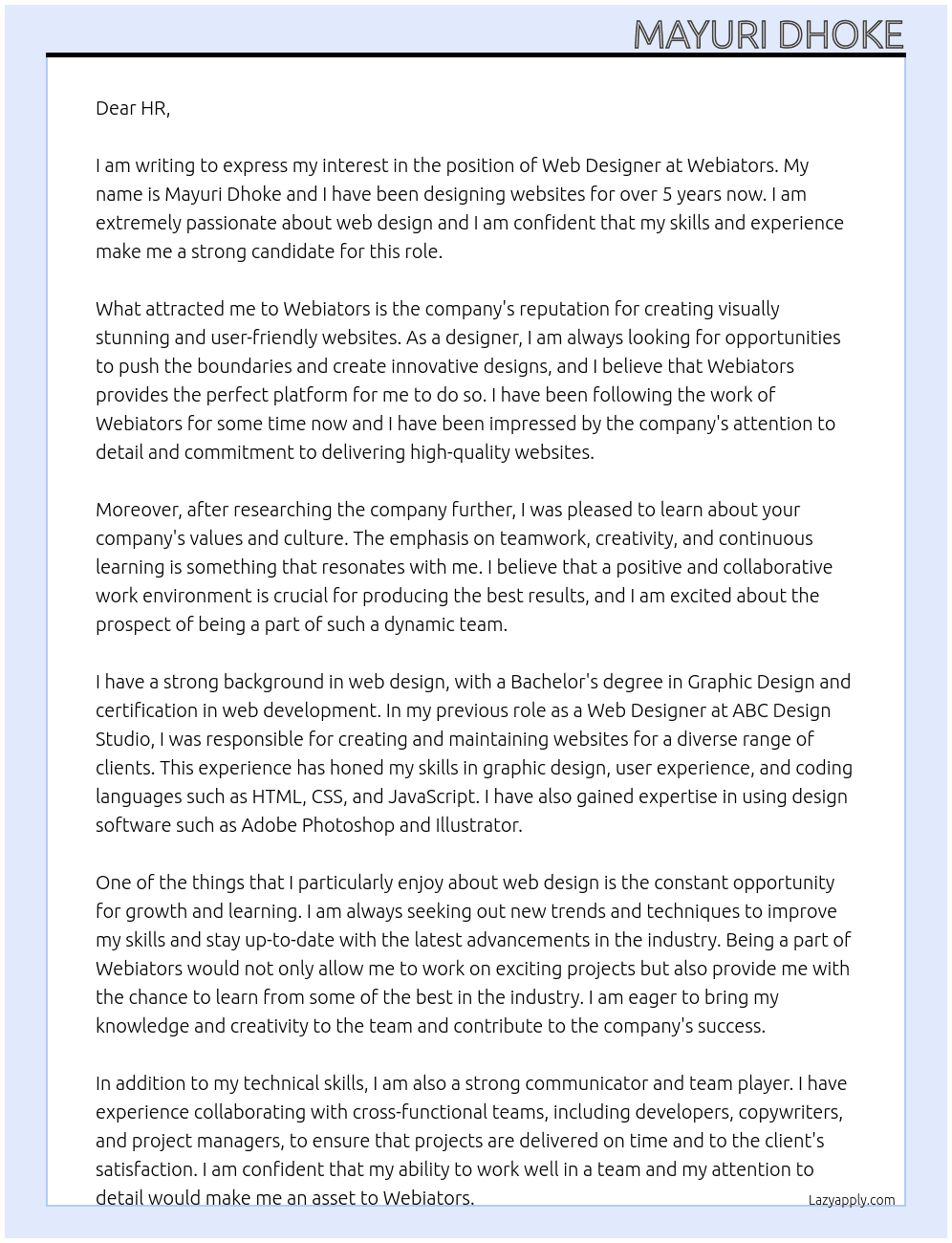 Web designner At Webiators Cover Letter