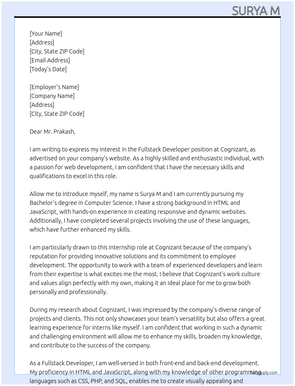 Fullstack developer  At Cognizant  Cover Letter
