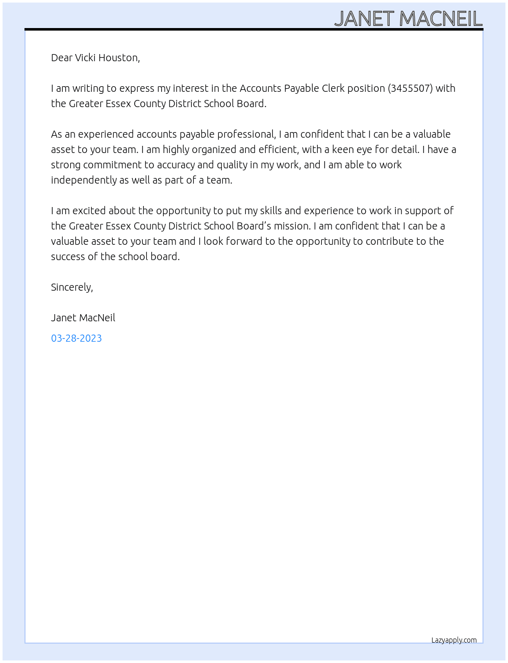 Accounts Payable Clerk (3455507) At Greater Essex County District School Board Cover Letter
