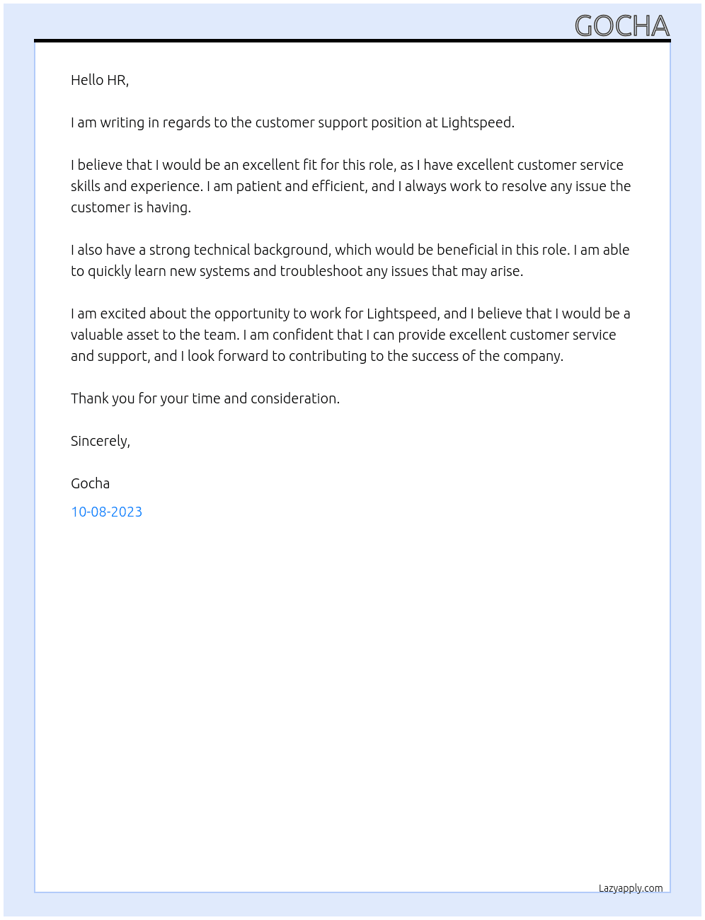 Customer support At Lightspeed Cover Letter