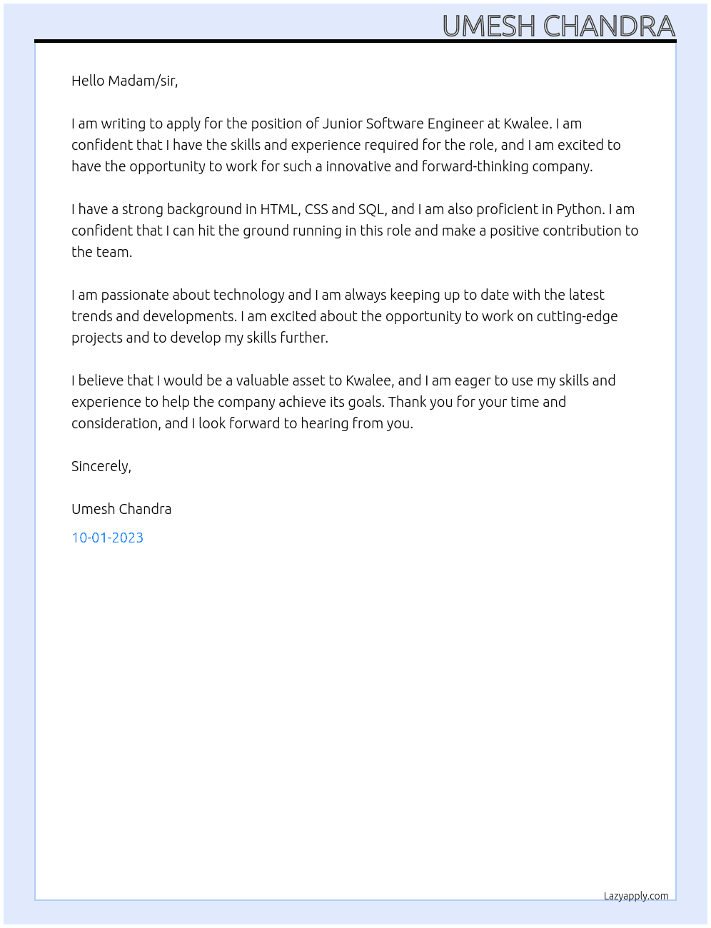 Junior software Engineer  At Kwalee Cover Letter