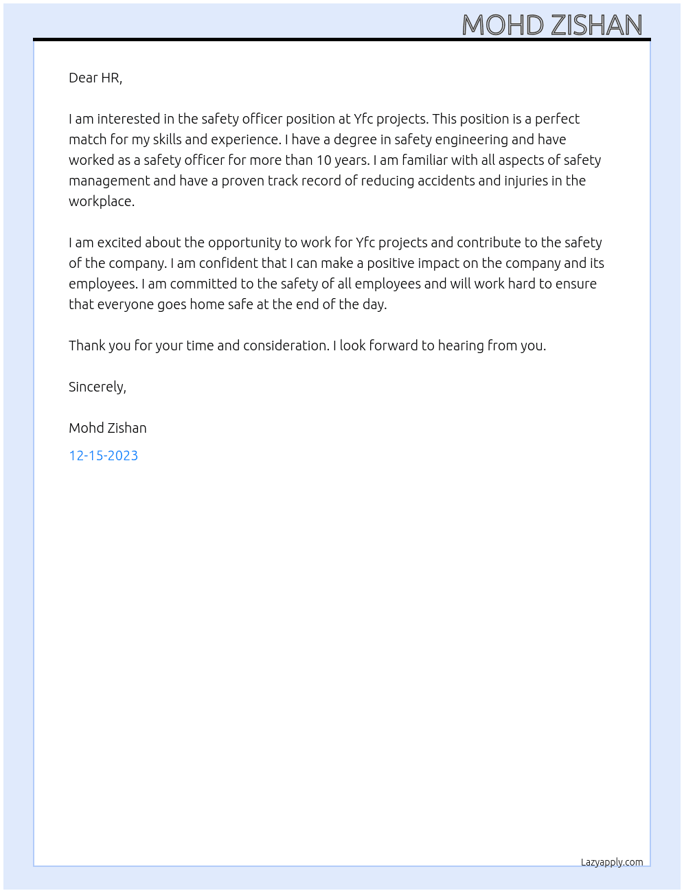 Safety officer  At Yfc projects Cover Letter