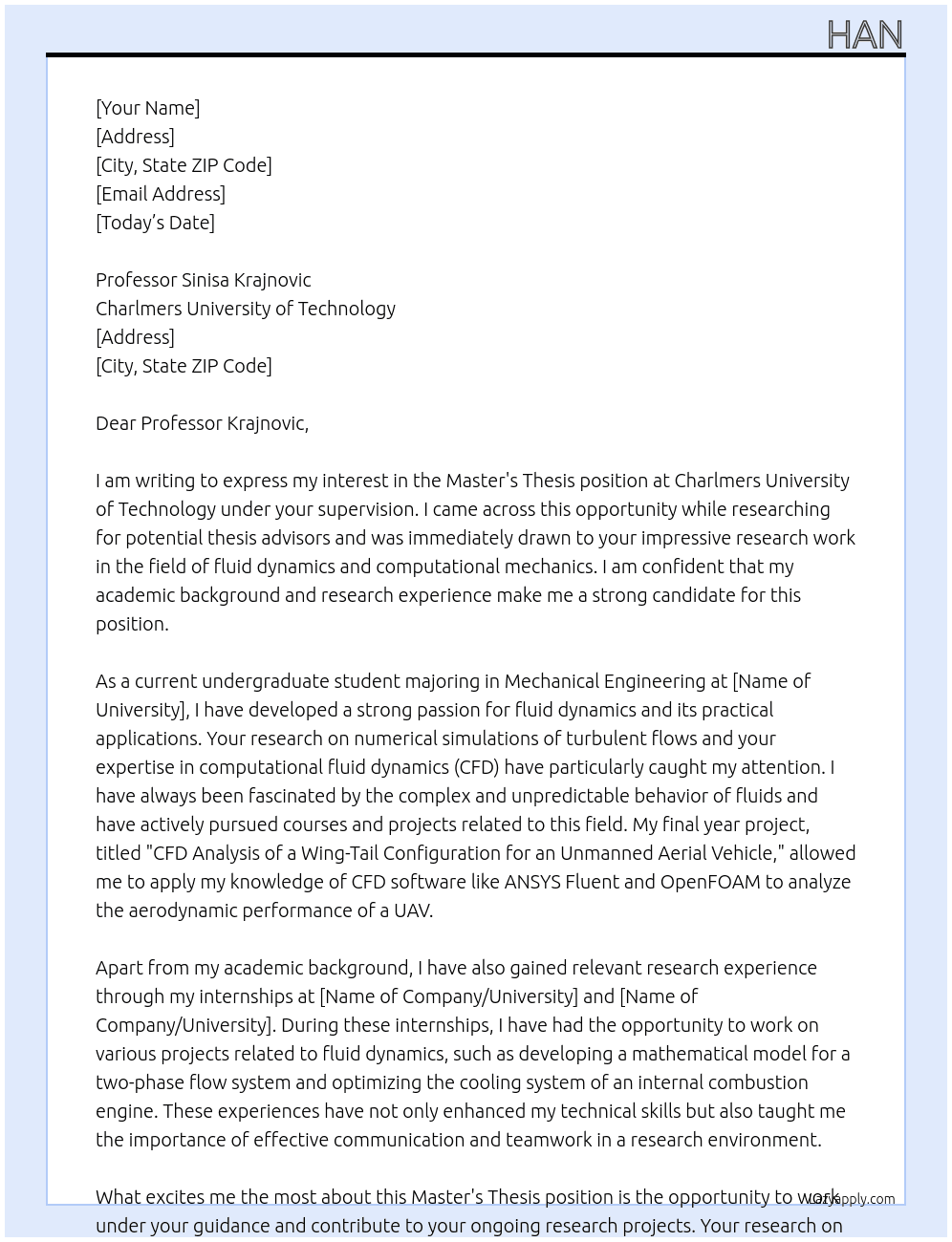 Master's Thesis At charlmers Cover Letter