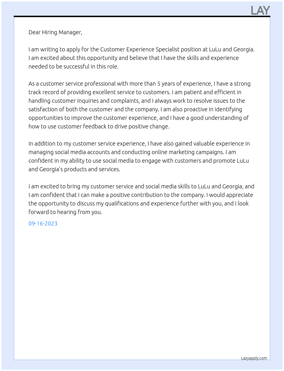 Customer Experience Specialist At LuLu and Georgia Cover Letter