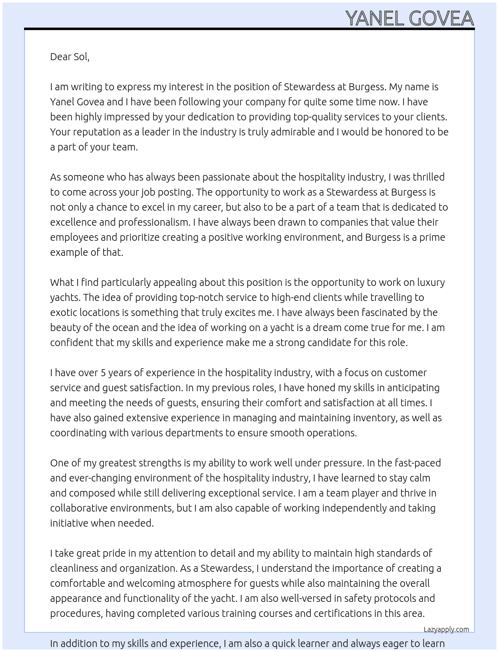 Stewardess At Burguess Cover Letter