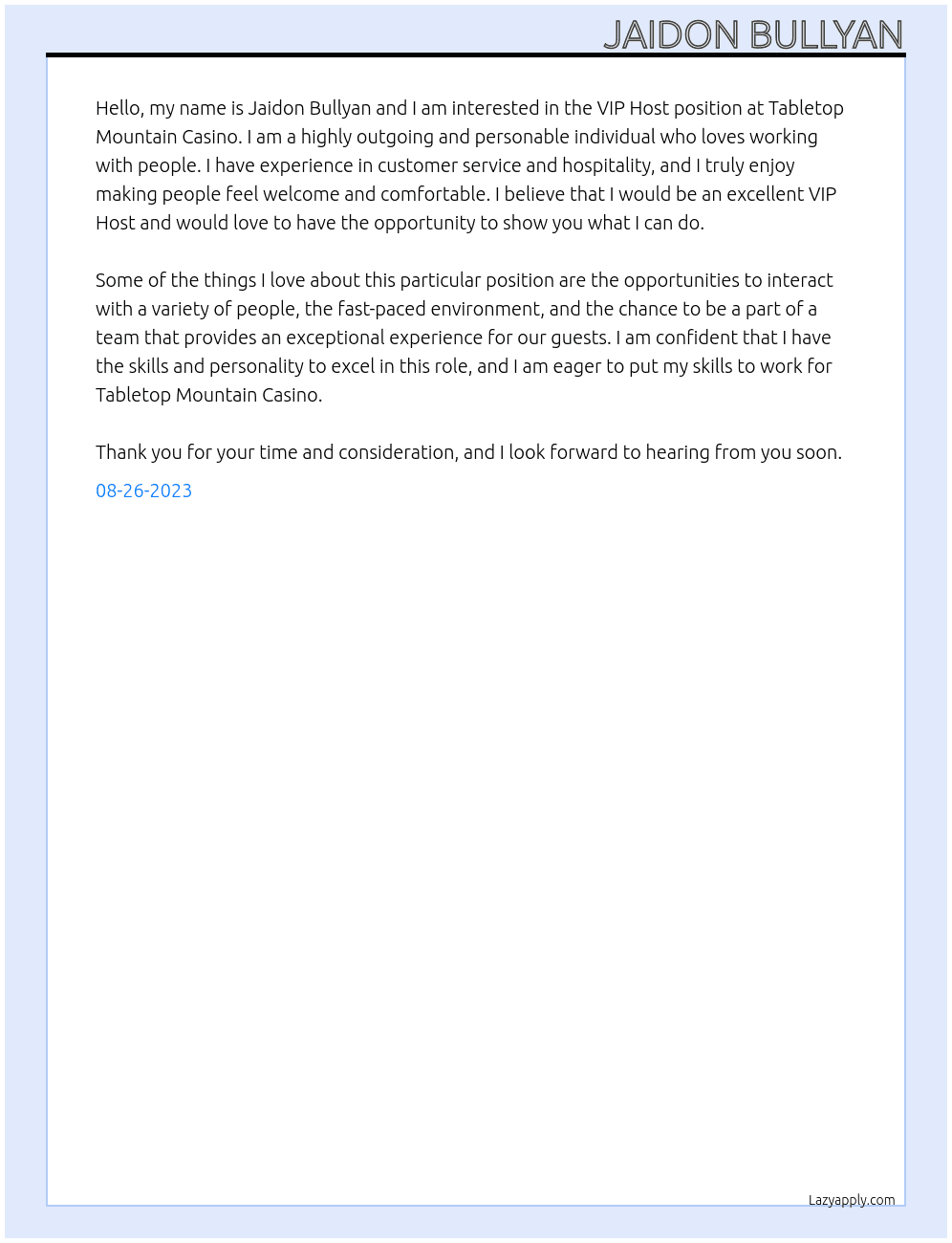 VIP Host At Tabletop mountain casino Cover Letter