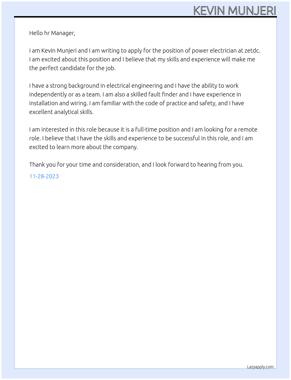 power electrician At zetdc Cover Letter