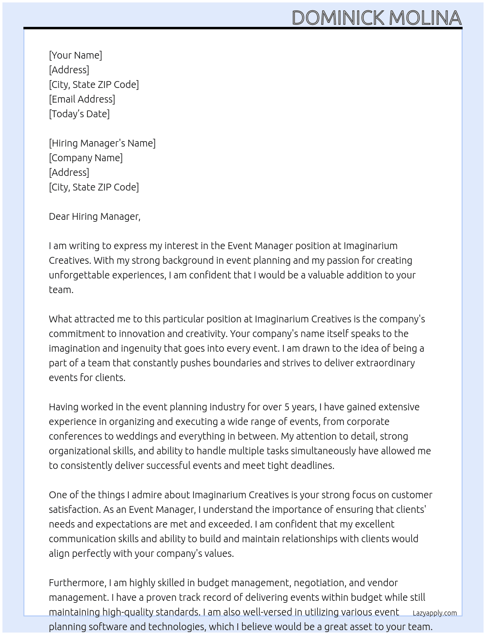 event manager At imaginarium Creatives Cover Letter