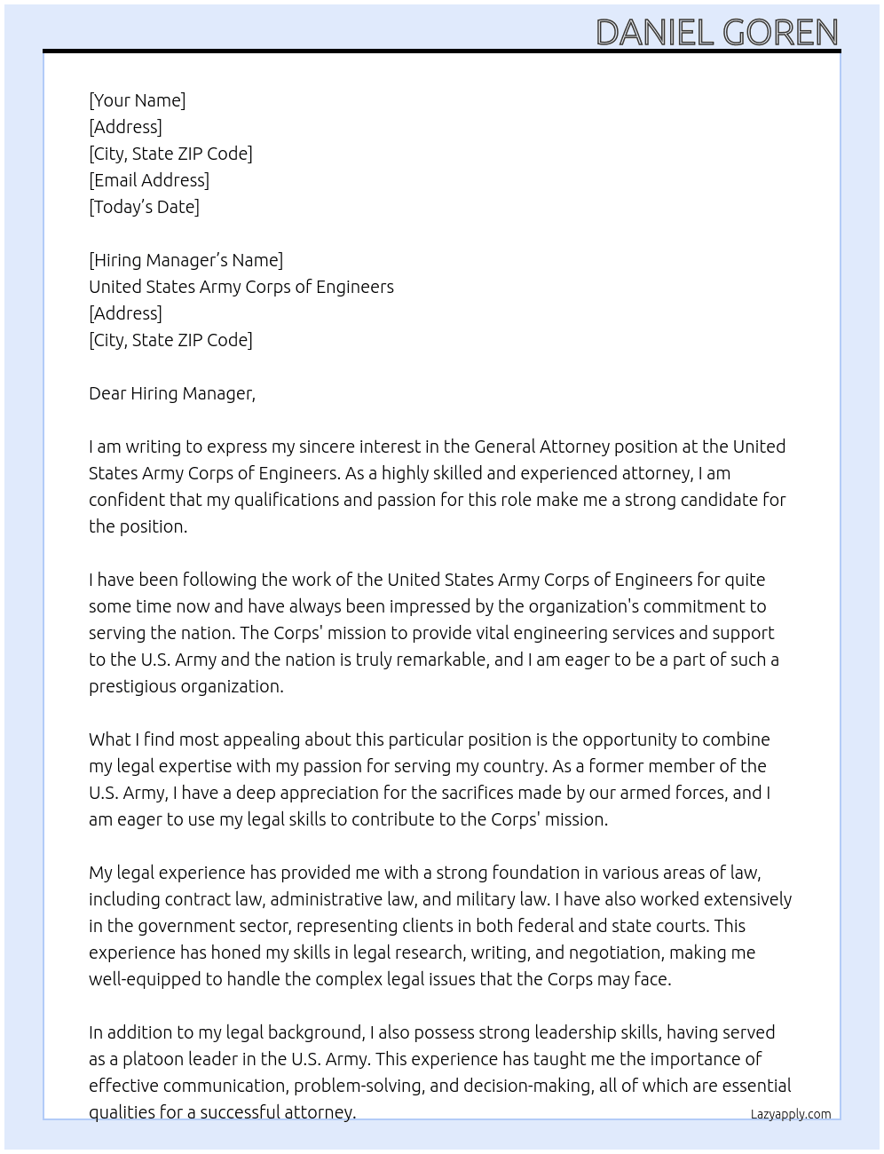 General Attorney At United States Army Corps of Engineers Cover Letter