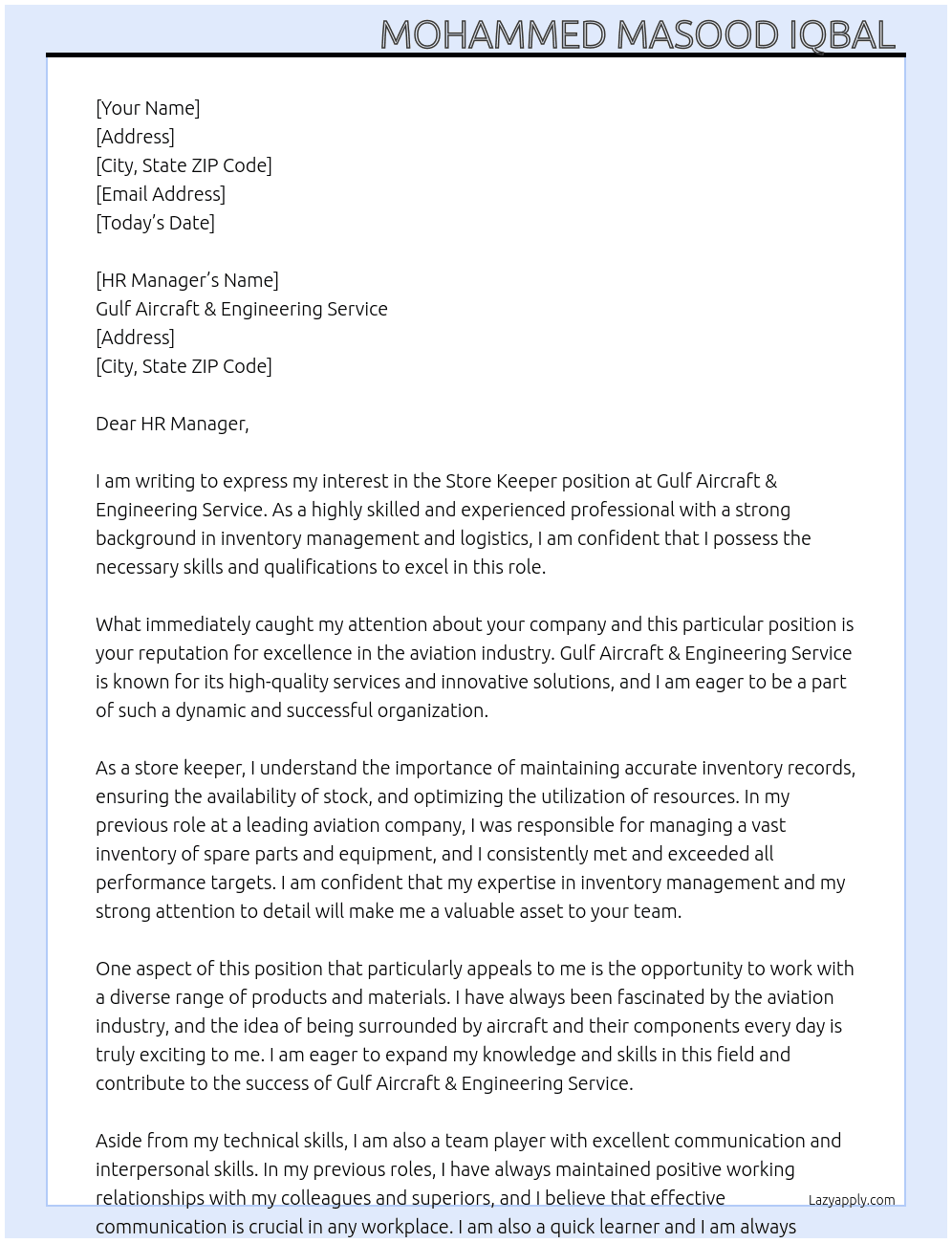 Store keeper  At Gulf Aircraft & Engineering Service  Cover Letter