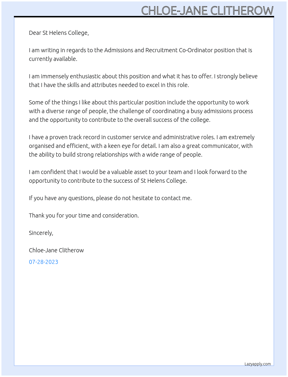 Admissions and Recruitment Co-Ordinator At St Helens College Cover Letter
