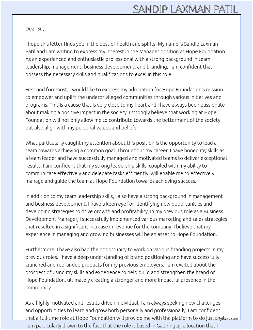 Manager  At Hope foundation Cover Letter