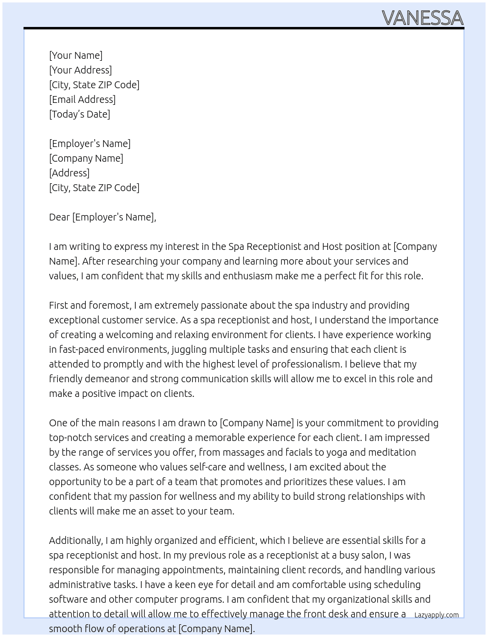Cover letter for spa receptionist and host - LazyApply