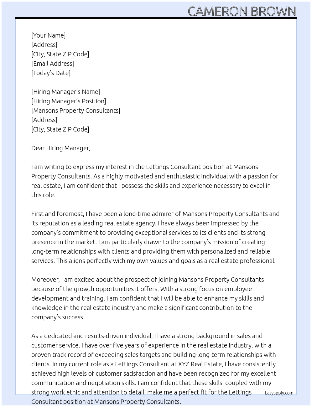 Lettings Consultant At Mansons Property Consultants Cover Letter
